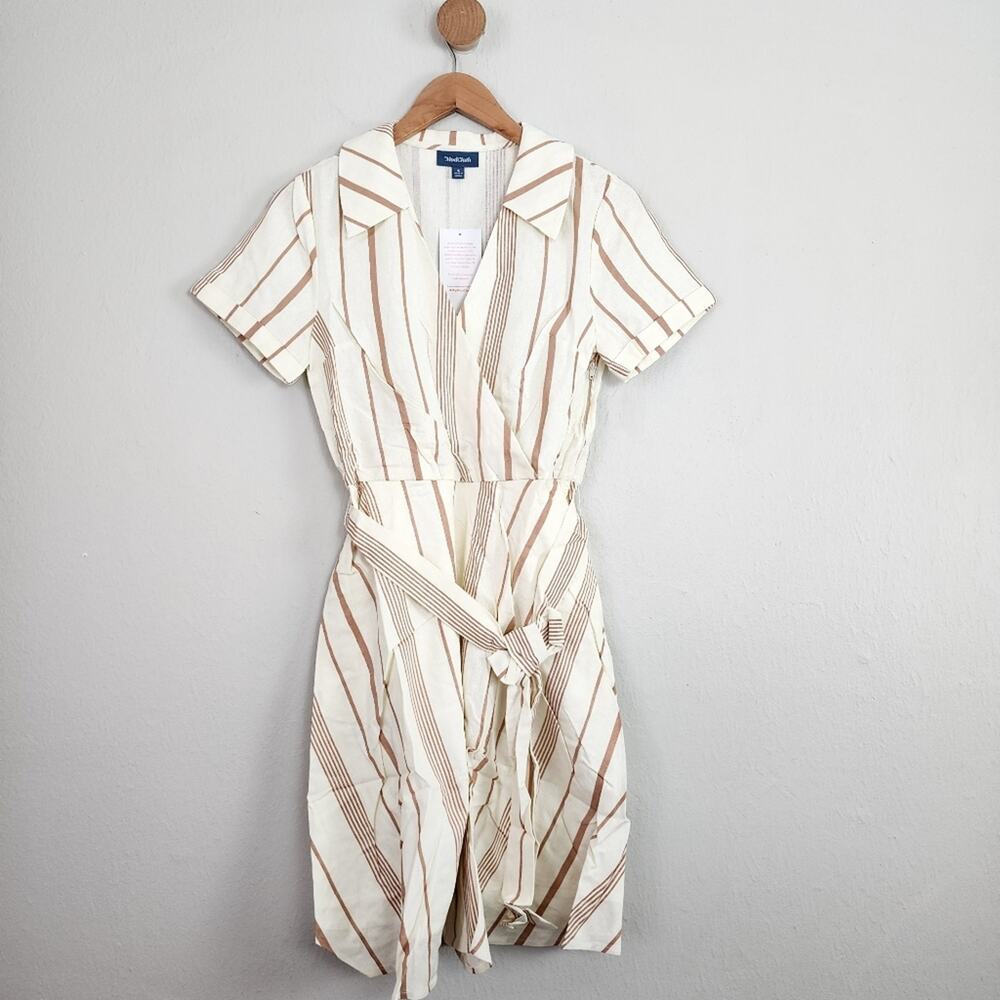 ModCloth Sweet Surprise Neutral Ivory Striped Linen Faux Wrap Mini Dress NWT 4